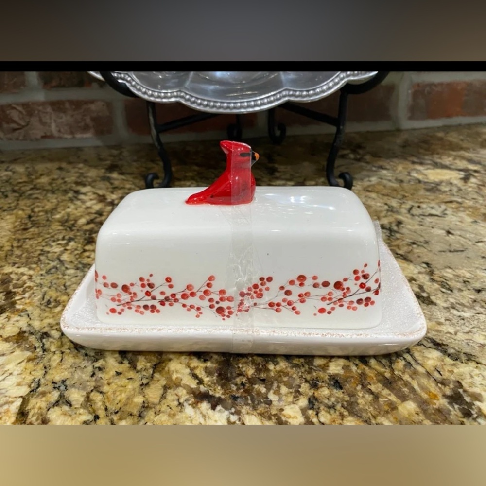 Potters Studio Cardinal and japanese cherry blossom covered butter dish new! - Picture 2 of 7